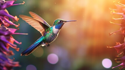 Fototapeta premium Majestic Hummingbird in Flight with Vibrant Feathers and Blurred Background Flowers