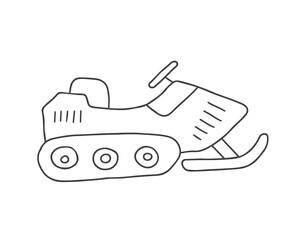 Cute Cartoon Snow scooter. Arctic, Polar station winter transport image outline doodle icon. Vector Illustration.