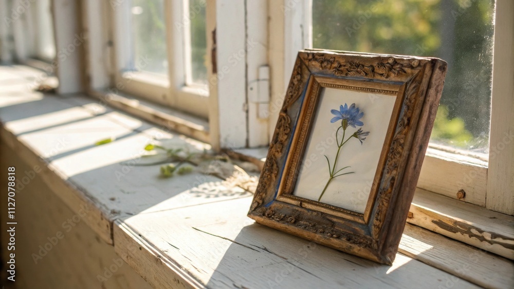 Poster sunlight streams through a window, illuminating a weathered windowsill with a framed pressed flower 