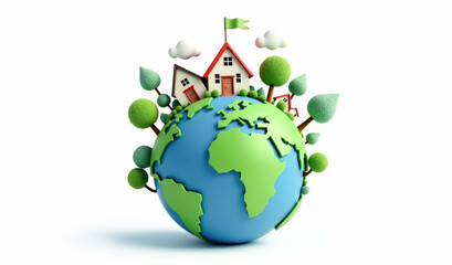 blue-green planet Earth with houses and trees on a white background , the concept of environmental protection