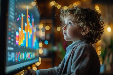 A curious child explores data visualizations on a glowing screen, immersed in wonder.
