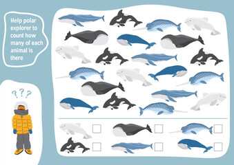 Math game for children with cute cartoon polar sea animals, Logical activities for kids, Count the number of animals. Vector illustration. © saint_antonio