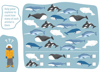 Math game for children with cute cartoon polar sea animals, Logical activities for kids, Count the number of animals. Vector illustration.