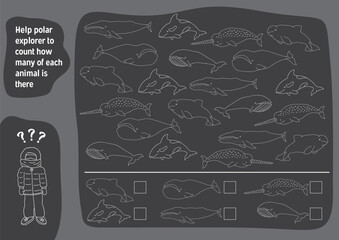 Math game for children with cute cartoon polar sea animals, Logical activities for kids, Count the number of animals. Vector illustration.