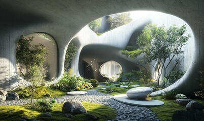 Indoor garden; curving concrete walls; stone path.