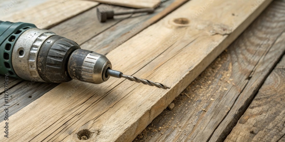 Poster a close-up view of a drill bit resting on a piece of weathered wood, ready to pierce through and cre