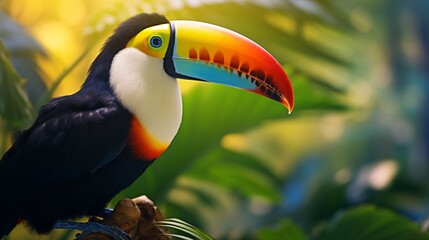 Vivid Close-up of Orange and Yellow Toucan with Glowing Beak in Lush Tropical Setting