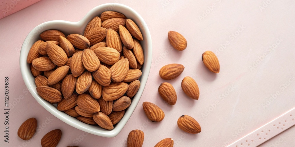 Aufkleber a heart shaped bowl filled with almonds, surrounded by individual almonds scattered across a soft pi