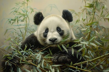 Naklejka premium A cute panda resting among bamboo, showcasing its playful and gentle nature.