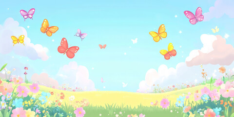 Naklejka premium A vibrant meadow under a clear blue sky with numerous colorful butterflies fluttering above blooming wildflowers and fluffy white clouds in the background.