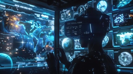 Obraz premium Person wearing VR headset analyzes futuristic data displays