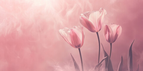 Three graceful pink tulips with soft leaves standing tall against a dreamy pastel pink background bathed in diffused ethereal light.