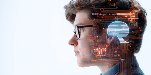 Innovative businessman with AI technology concept, showcasing digital brain interface. image reflects fusion of human intellect and artificial intelligence