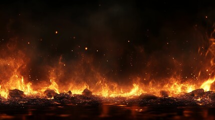 Fiery embers glow, sparks fly, dark background.