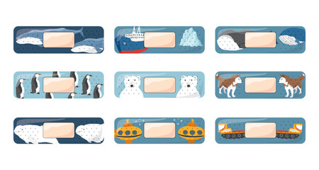 Kid first aid bandages. Cute medical patch for children with cartoon arctic animals, adhesive plasters decoration, sterile plaster design, sticky strip sticker vector illustration.