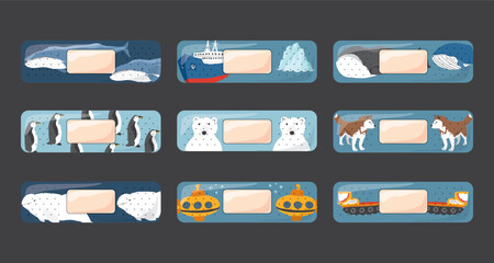 Kid first aid bandages. Cute medical patch for children with cartoon arctic animals, adhesive plasters decoration, sterile plaster design, sticky strip sticker vector illustration.