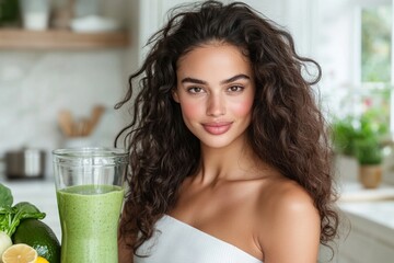 Woman blending a green smoothie in a modern kitchen filled with fresh ingredients and natural light