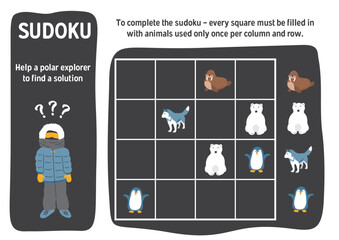 Sudoku game for kids with cute cartoon arctic polar animals. Educational Logic activities game for children. Vector illustration.