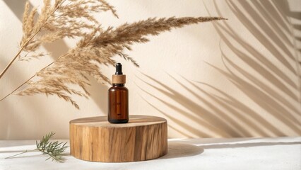 A Glass Bottle of Essential Oil on a Wooden Platform with Pampas Grass and Sunlight Shadows