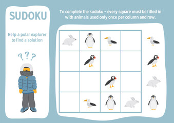 Sudoku game for kids with cute cartoon arctic polar animals. Educational Logic activities game for children. Vector illustration.