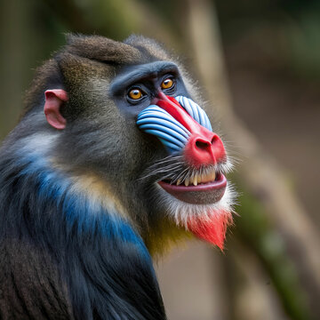 a monkey with a blue and red face and a red stripe