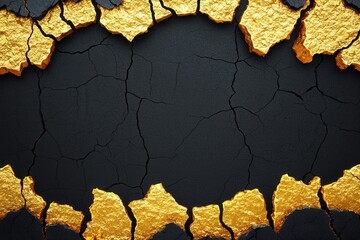 Cracked black surface with golden edges for a textured background