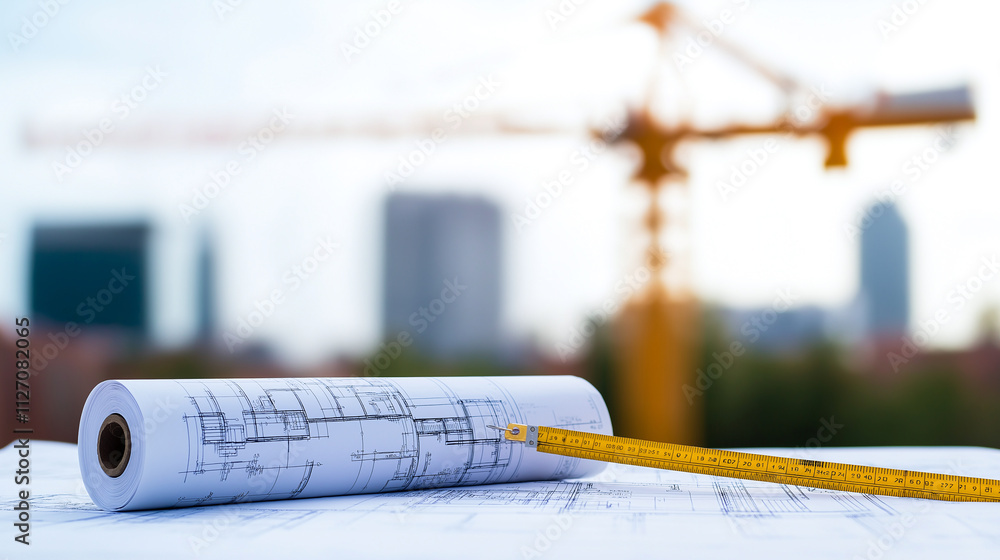 Aufkleber blueprints and construction plans rolled out with measuring tape, showcasing construction site in ba