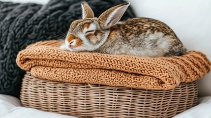 Obraz premium A brown rabbit lies peacefully on a soft blanket placed inside a woven basket. Colorful flowers decorate the background, creating a serene indoor atmosphere