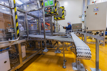 Female workers control conveyor belt line cardboard boxes on in the warehouse packing