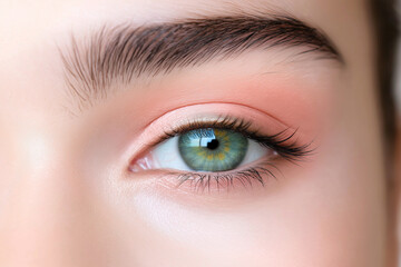 Obraz premium Close up of beautiful green eye with rainbow colored iris, showcasing intricate details and natural beauty. soft makeup enhances eye features