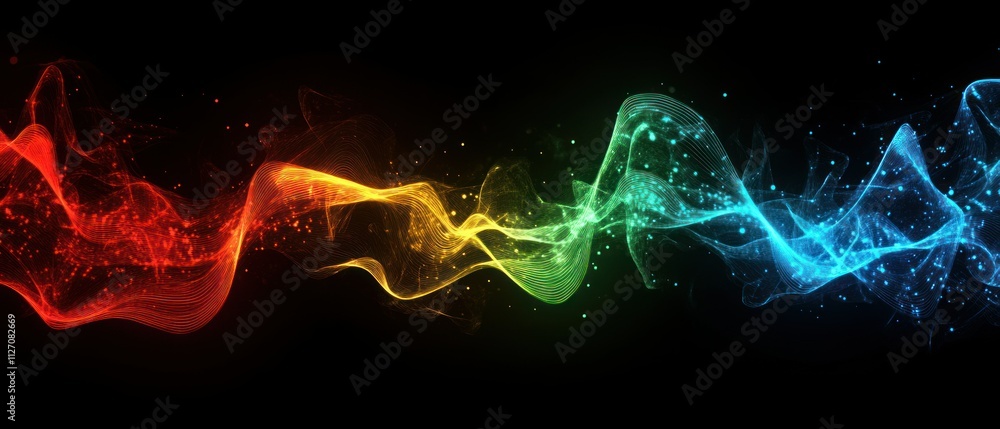 Poster game background visuals of glowing neon waves forming abstract shapes and patterns on a black wallpa