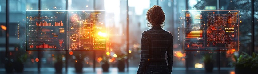 Fototapeta premium Innovative Business Worker Engages with IoT Technology in a Modern Office Setting Futuristic Digital Interaction Urban Environment Professional Insight