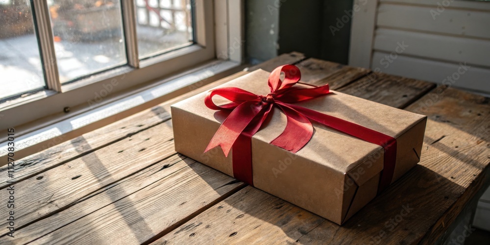 Poster A rustic wooden surface with a simple brown gift box tied with a bright red bow, bathed in the warm glow of sunlight filtering through a window.