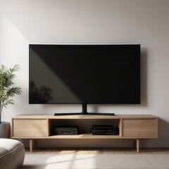 Fototapeta premium Modern curved TV mockup on a sleek entertainment unit, surrounded by soft reflections, a neutral background, and minimalist living room decor.