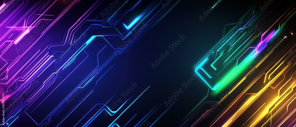Poster neon gaming background featuring sharp angular shapes and glowing circuit board patterns in electric