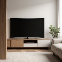 Fototapeta premium Stylish curved TV mockup highlighting its thin profile, elegant curvature, and blank screen, set in a minimalist living room with soft lighting.