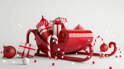 Naklejka premium Red sleigh overflowing with colorful gifts and candy canes, isolated on a pristine white background