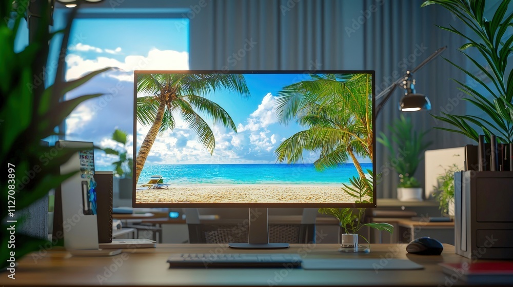 Poster a modern workspace featuring a large monitor displaying a serene beach scene with palm trees and blu