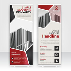 Modern design of annual report display stands showcasing professional graphics in an office environment with red color