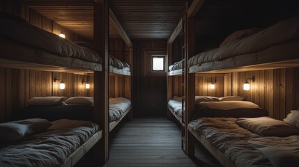 Cozy wooden bunk room with soft lighting and comfortable bedding