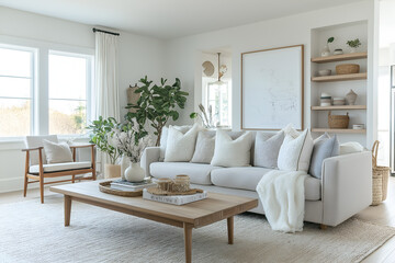 Fototapeta premium Clean, airy Scandinavian living room with a soft color palette, natural wood furniture, and cozy layered textiles