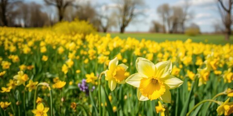 Obraz premium Vibrant yellow daffodil flowers blooming in a lush green field under sunny skies, floral, flowers