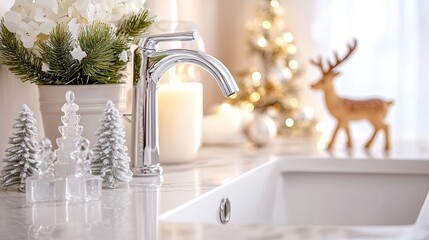 A cozy bathroom showcases winter decorations with small evergreen trees and a decorative reindeer on a tray beside a sleek sink, creating a festive atmosphere during the holidays
