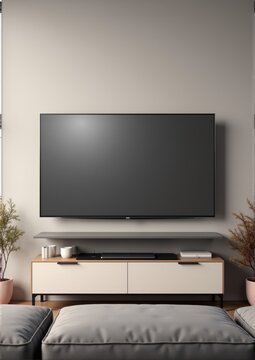 A sleek curved TV mockup with ambient reflections, displayed on a modern entertainment unit with minimalist decor and neutral tones.