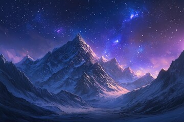 Majestic Snowy Mountains Under a Starry Night Sky