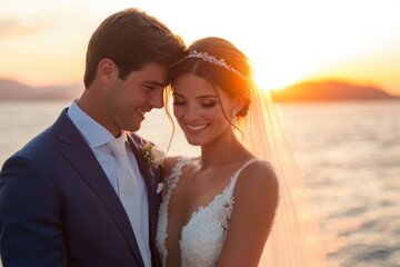 Wedding couple posing on sunset at wedding day