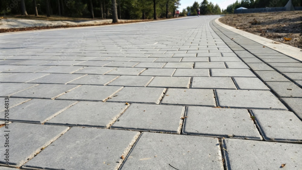 Aufkleber a paved path through a park, a perspective of a concrete walkway with gray tiles