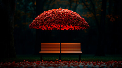 Red Leaf Umbrella Over Park Bench at Night