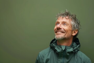 Fototapeta premium Portrait of a blissful caucasian man in his 50s wearing a windproof softshell in front of soft green background