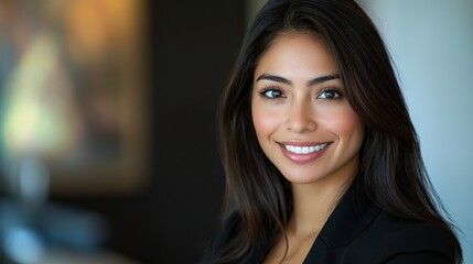 Obraz premium An engaging close up of a young woman showcasing her warm smile and confident expression against a stylish, contemporary backdrop. Her vibrant energy lights up the space, inviting connection